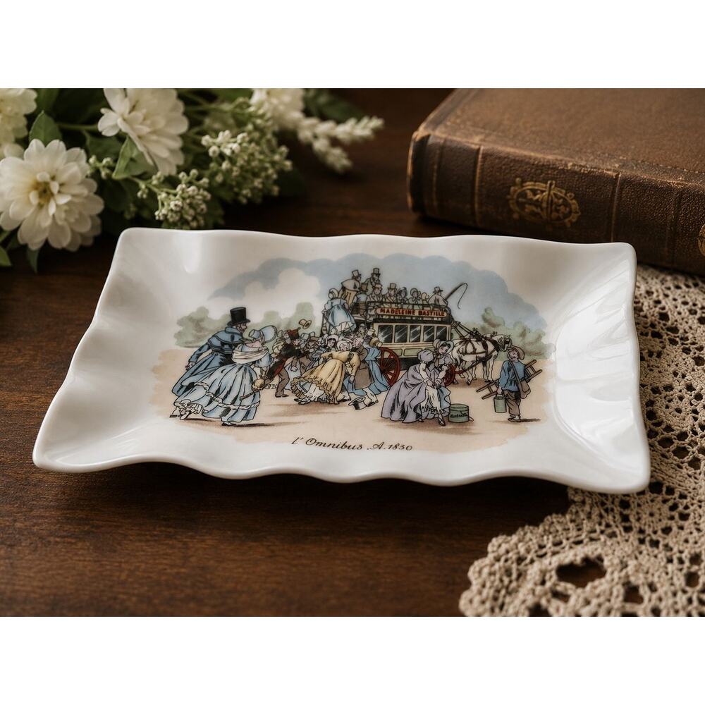 Vintage Limoges Porcelain Trinket Dish French Omnibus Scene Ruffled Edge France